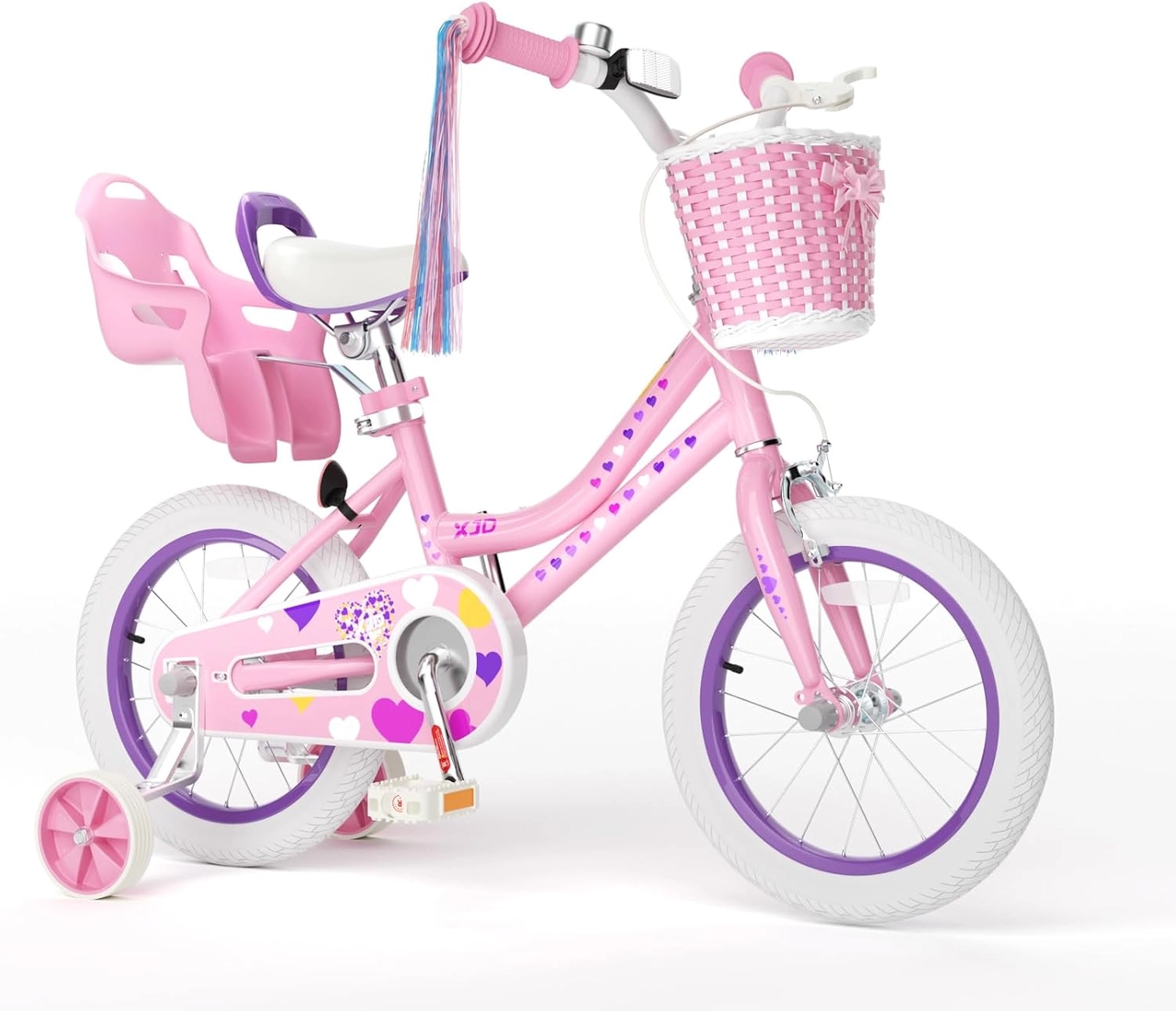 XJD 12 inch kids bike with training wheels Light pink 12 inch girls bike with white tires, basket and training wheels