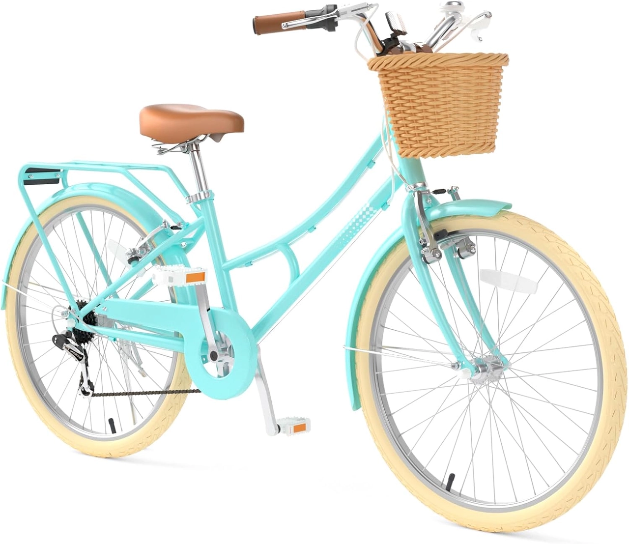 XJD 24 inch cruiser bike with rack and basket Mint green 24 inch beach cruiser bike with wicker basket, rear rack and cream tires
