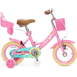 XJD Girls Bike with Basket & Doll Seat – Flower Pink