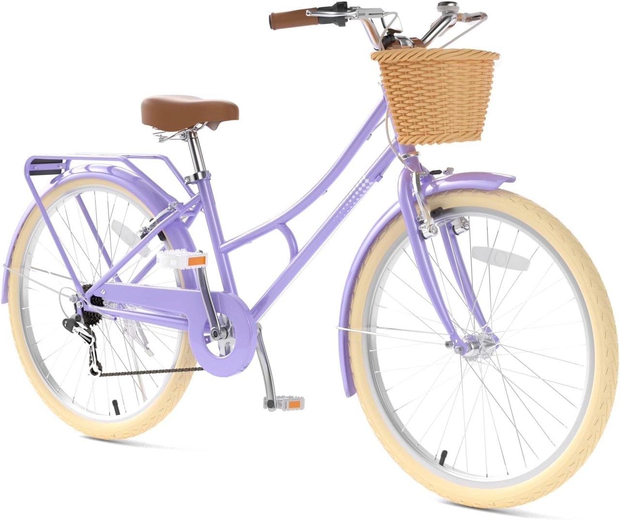 XJD 26 inch cruiser bike in purple Light purple 26 inch beach cruiser bike with wicker basket, rear rack and brown saddle