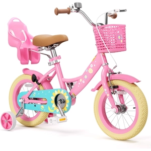 XJD Girls Bike with Basket & Doll Seat – Flower Pink