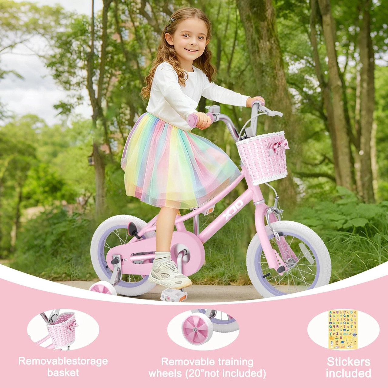 XJD Girls Bike with Training Wheels and Basket in Pink Child riding a pink 16 inch kids bike with basket through a green park