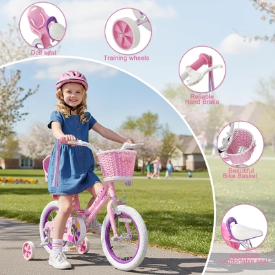 XJD Girls Bike with Training Wheels & Basket – Light Pink