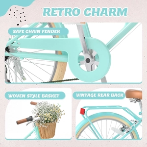 XJD Beach Cruiser Bike with Rear Rack & V-Brake – Mint Green