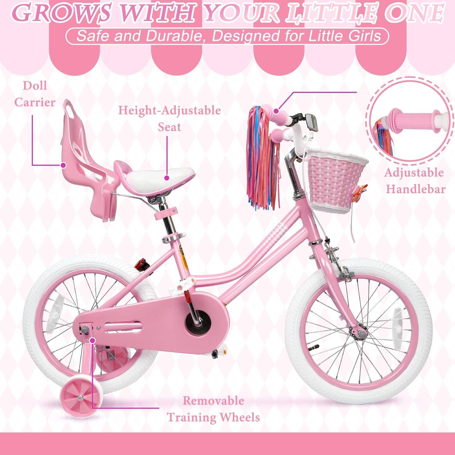 XJD Girls Bike available in 12, 14 and 16 inch wheels Pink XJD kids pedal bike in 12 to 16 inch wheel sizes